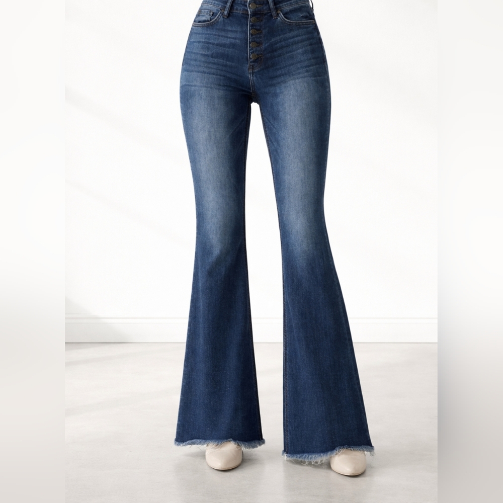 🔥 Flying Monkey High Rise Flare Jeans - Button Fly & Raw Hem - Size 29-Stretch